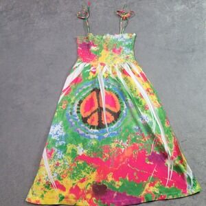 Tiki Palm Kids Girls Medium Tie Dye Peace‎ Sign Smocked Sundress Multicolor Boho